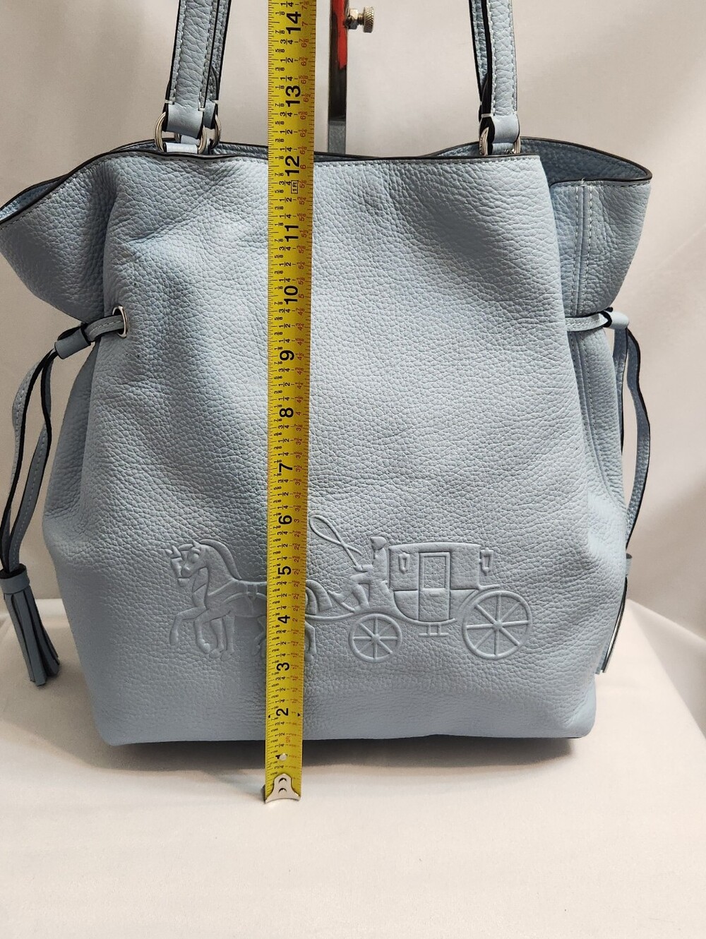 Coach Andy Horse And Carriage Logo Drawstring Pebble Leather Light Blue Tote - Picture 6 of 15